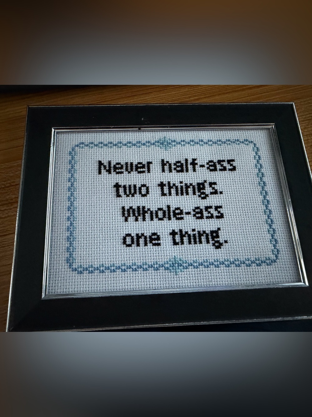 5x7 Handmade Cross-Stitch Quote Wall Art - Black and Light Blue